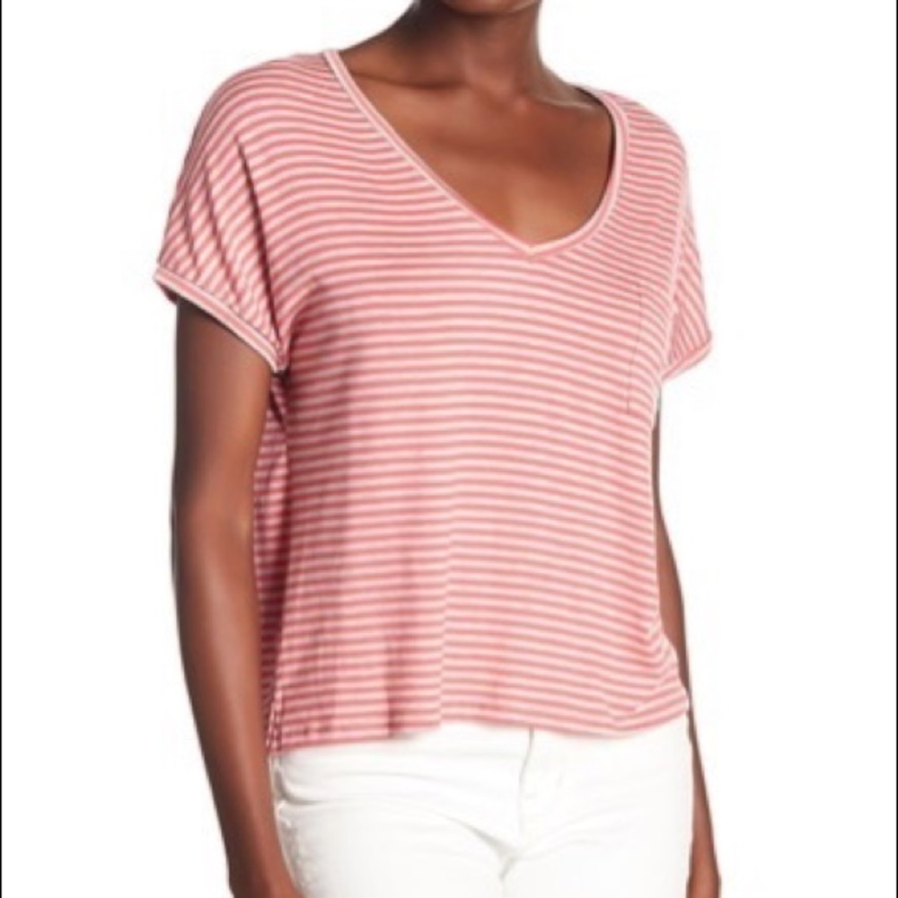 Project Social T Striped V-Neck Tee Pink/Gray Size Large NWOT